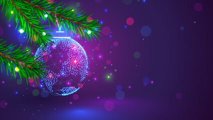 Aufkleber - Merry Christmas and Happy New Year card in computer technology style. Globe in shape Christmas ball decoration on christmas tree close up. New tech Digital internet communication congratulation card.