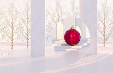 Aufkleber - Winter Christmas scene with geometrical forms, arch with a podium in natural day light. 3D rendering background.
