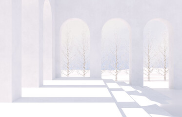 Aufkleber - Winter Christmas scene with geometrical forms, arch with a podium in natural day light. 3D rendering background.