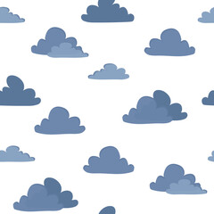 Wall Mural - Thunderclouds seamless pattern vector illustration. Childish background with dark blue clouds. Flat cartoon style design for wrapping paper, textile, fabric