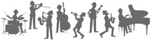 Silhouette Of Jazz Musicians On On White Background. Vector Illustration In Flat Cartoon Style.