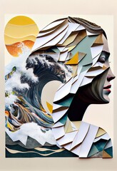 Wall Mural - wavy paper collage, background pattern, illustration with art font