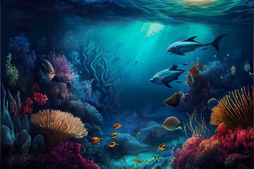 Wall Mural - stunning landscape and underwater sea, a school of fish in the ocean, illustration with water vertebrate
