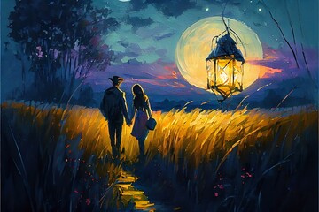 Wall Mural - romantic oil painting lovers on, a man and woman standing in front of a painting, illustration with people nature