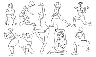 Wall Mural - Yoga, Fitness Female Pose One Line Drawing Set. Woman Sport Pose Minimalist Drawing. Fitness Line Art Modern Minimal Drawing. Trendy Illustration Continuous Line Art. Sport Minimal Logo. Vector EPS 10