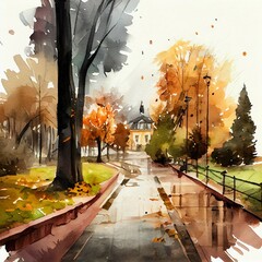 Wall Mural - in autumn day. picture created, a road with trees and flowers on the side, illustration with plant world