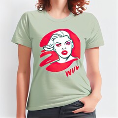Wall Mural - minimal woman with red lips, a person wearing a green shirt, illustration with joint head