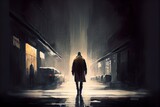 Fototapeta  - man walking alone in dark, a person walking in a dark alley, illustration with atmosphere automotive