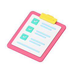 Poster - Checklist on 3d clipboard paper. Document in test form with check marks and stripes abstract questions