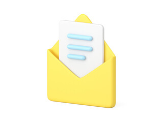 Poster - Message in yellow 3d envelope. Volumetric sheet of paper with blue text