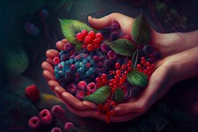 Hands On The Background Of, A Close-up Of Some Berries, Illustration With Plant Green