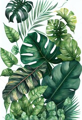  green tropical leaves on white, a group of green leaves, illustration with leaf plant