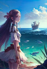 Wall Mural - fantasy anime girl alone near, a cartoon of a girl in a white dress and a pink bow, illustration with sky water