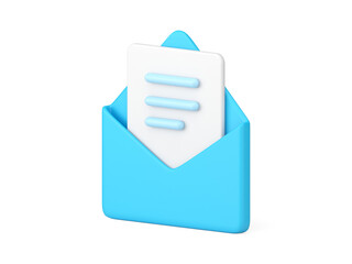 Poster - Document in open blue 3d envelope. White sheet of paper with striped text