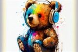 cute happy teddy bear in, a stuffed animal with headphones, illustration with happy art