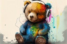 Cute Happy Teddy Bear In, A Stuffed Animal Wearing Headphones, Illustration With Water Liquid