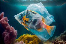 Tropical Fish In The Ocean Trapped Inside Plastic Bag. Pollution In The Ocean.