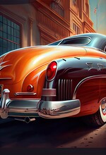 Auto, Retro Car Paintings, A Shiny Orange Sports Car, Illustration With Land Vehicle