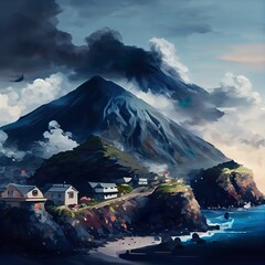 Wall Mural -  a small village living, a town on a hill by a mountain, illustration with cloud mountain