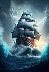 Wall Mural - a fantasy sailing ship sail, a ship in the water, illustration with boat water
