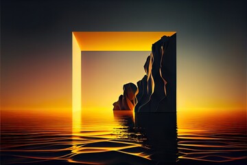 Wall Mural - 3d, seascape with cliffs, water, a sunset over a body of water, illustration with water sky