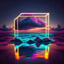 3d Render, Abstract Neon Background, A Screen With A Picture Of A Sunset And A Body Of Water, Illustration With Water Liquid