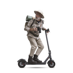 Canvas Print - PNG file no background Scared explorer on electric scooter being chased by a monster