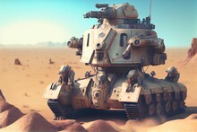 3d Robot Turret With Rangers, A Military Tank Driving Through A Desert, Illustration With Vehicle Combat