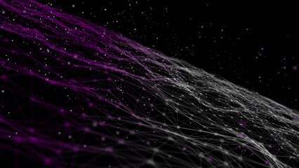 Poster - Abstract digital landscape with flowing particles. Cyber or technology background