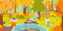 Autumn Forest. Nature Landscape With Trees And Falling Leaves And Wild Animals As Squirrel, Deer, Hare, Mouse