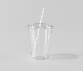 A realistic transparent disposable ice cup with, Transparent plastic cup mockup with lid, 3d rendering