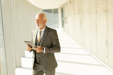 Wall Mural - Mature businessman standing with digital tablet in the office corridor