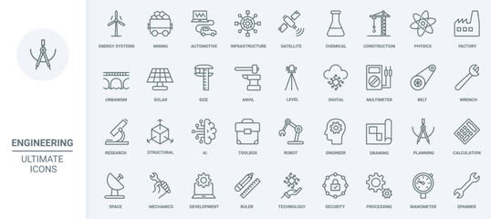 Poster - Engineering, industry and energy production thin line icons set vector illustration. Abstract outline engineers work, digital infrastructure and construction equipment, solar panel and turbine