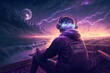 A gamer sitting in front of a futuristic neon landscape ocean with a purple sky with a moon