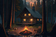 a wooden cabin in a forest with a campfire infront of it