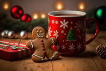 Christmas Gingerbread Man Cookies And Mug Of Hot Cocoa