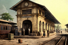 AI Generated Image Of A Vintage Railway Station Somewhere In India Or Africa In The 1920s 