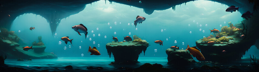 Wall Mural - Fish swimming in the sea, dark deep.