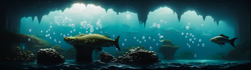 Wall Mural - Artistic concept illustration of a underwater world with big fish in the background, background illustration.