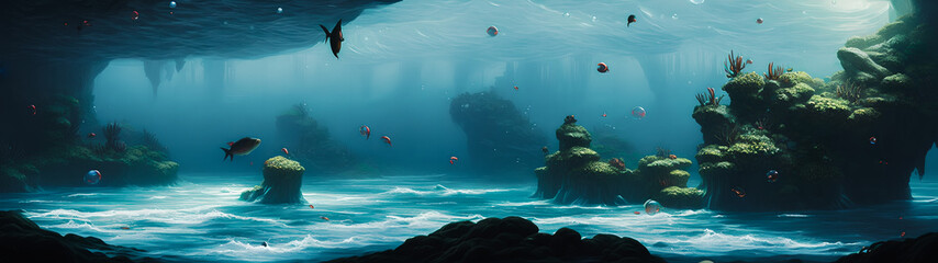 Wall Mural - Artistic concept illustration of a underwater world with big fish in the background, background illustration.