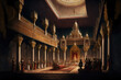 AI generated image depicting the throne room and court of an ancient Indian king, with ministers and courtiers in attendance. Durbar hall.