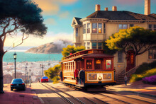 AI Generated Of Historic Cable Cars Riding Across San Francisco