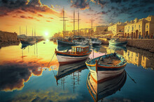 Traditional Malta Fishing Boats In A Harbour At Sunset
