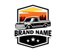 C10 Truck Logo Isolated On White Background Showing From Side With Eye Catching Sunset View. Best For Badge, Emblem, Icon. Vector Available In Eps 10.
