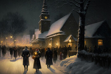Wall Mural - Parishioners heading to Christmas Eve Midnight Mass