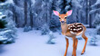 Beautiful baby fawn deer in snow covered forest. Background illustration, digital matte painting.