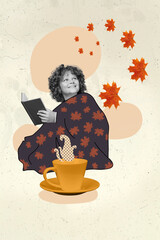 Canvas Print - Composite collage image of positive little wavy hair boy watch flying autumn leaves read interesting book soft blanket hot cacao beverage