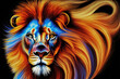 Roaring beautiful rainbow lion with a long colorful mane on a black background, illustration