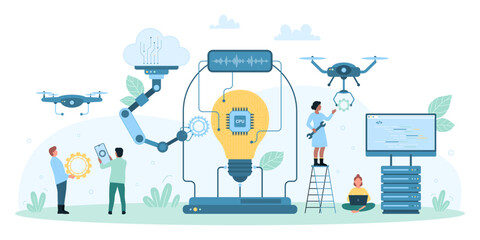 Artificial intelligence, science research vector illustration. Cartoon tiny people control robot arms, drones and lab equipment to fix and improve circuit in light bulb, scientific engineering
