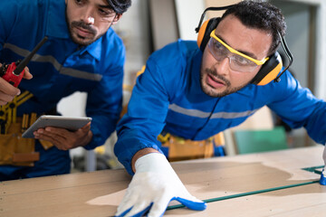 Handsome carpenter in safety uniform checking wood timber with friend at wood factory	